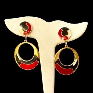 Vintage Earrings, enamel red, black and gold tone.